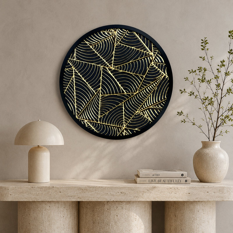 Art mural moderne abstrait à motif de feuille d'or noire encadrée, 11.9" H x 11.9" W