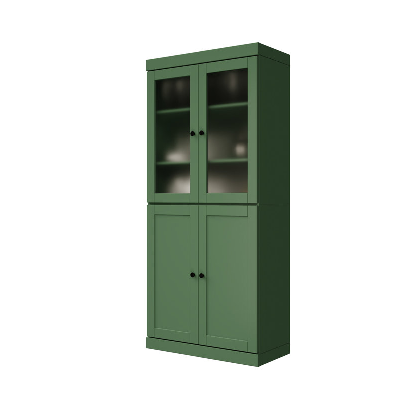 Garde-manger 100% bois massif 32 po avec verre givré, portes Shaker et tablettes réglables, Vert