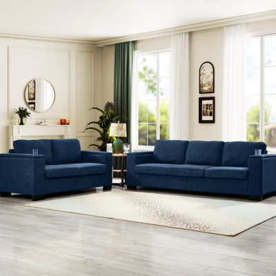 5 - Seater Blue Upholstered For Home, Square Arm With Cup Holder And Under Seat Storage, Comfortable Filled , Coil Spring