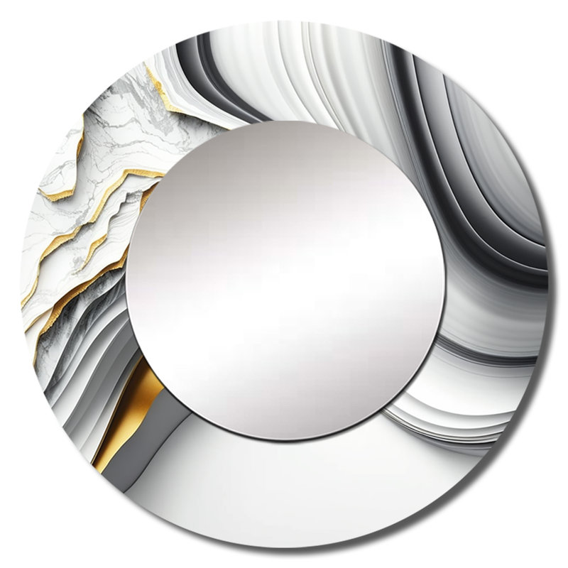 Pavé abstrait Geode Waves Gray I - miroir abstrait, miroir mural rond gris, impression sur métal, 29 po x 29 po