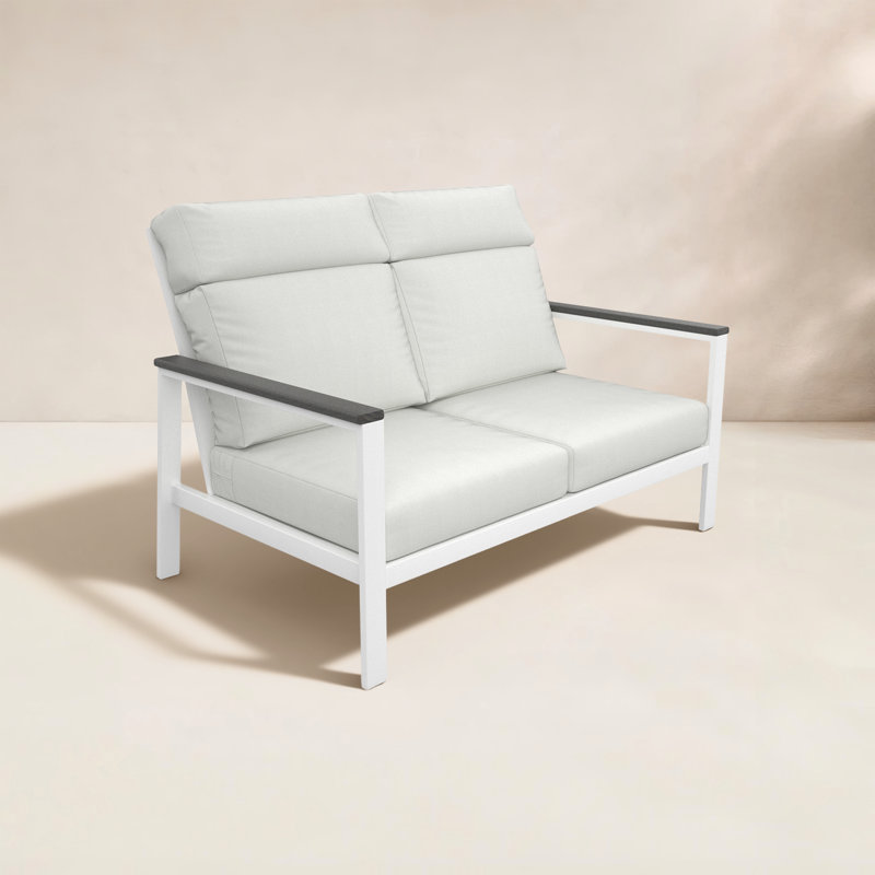 Townsend Metal Outdoor Loveseat With Sunbrella Cushion, Gray, Canvas White