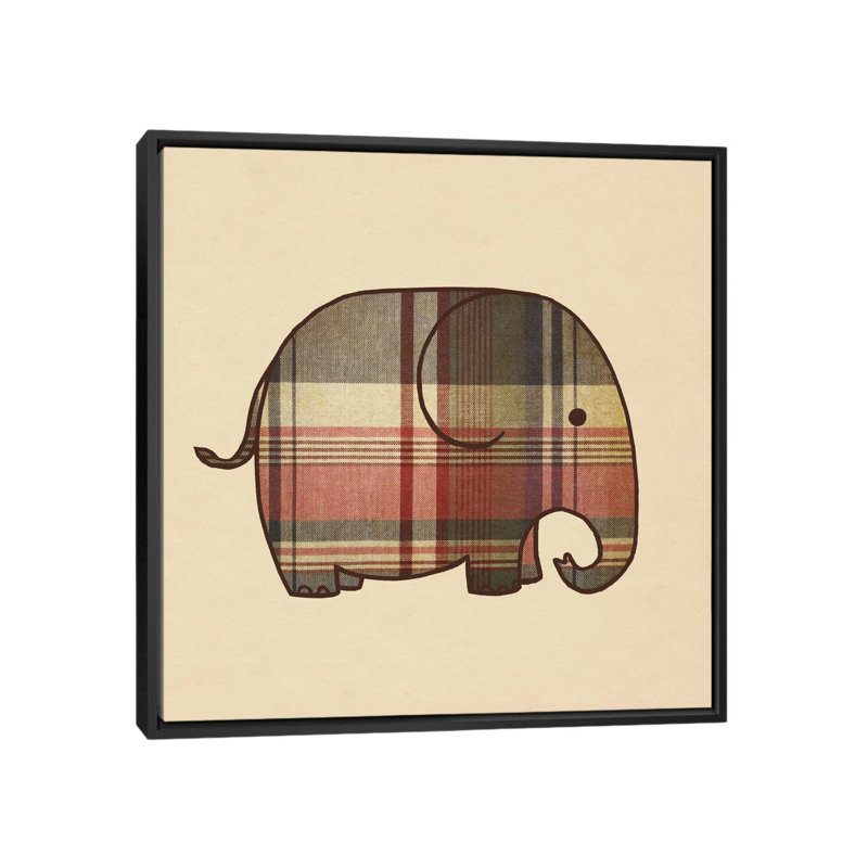 « écossais éléphant »-impression sur toile tendue, H 18 po x l 18 po x P 1,5 po, Toile avec cadre noir, Pas de tapis