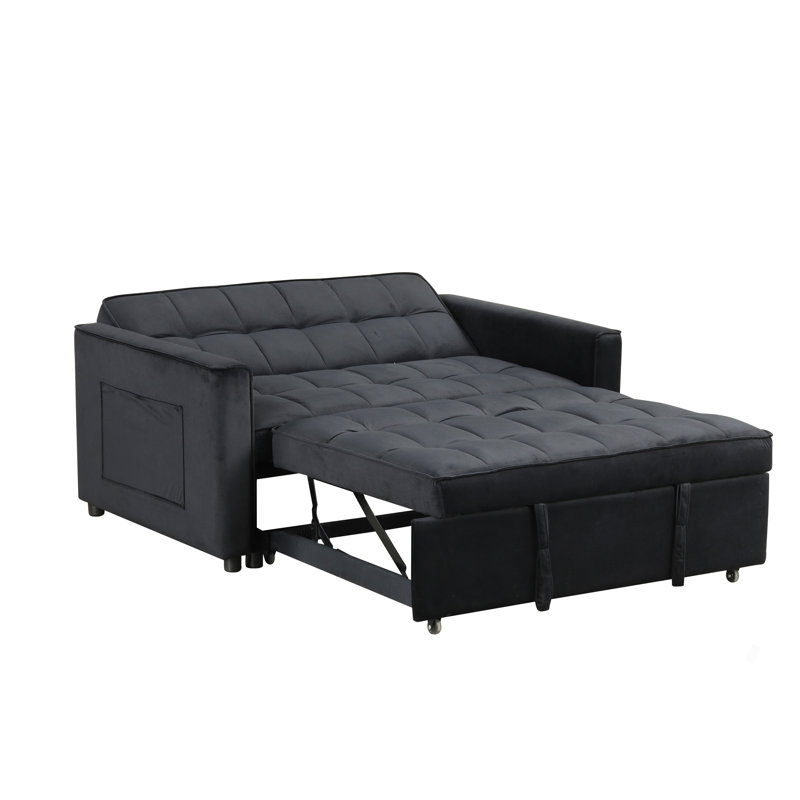 Causeuse convertible en velours noir l 53,5 po avec capitonnage et poches latérales