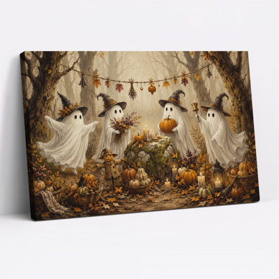 " Ghosts In Witch Hats With Pumpkins In Autumn Halloween " Painting Print
