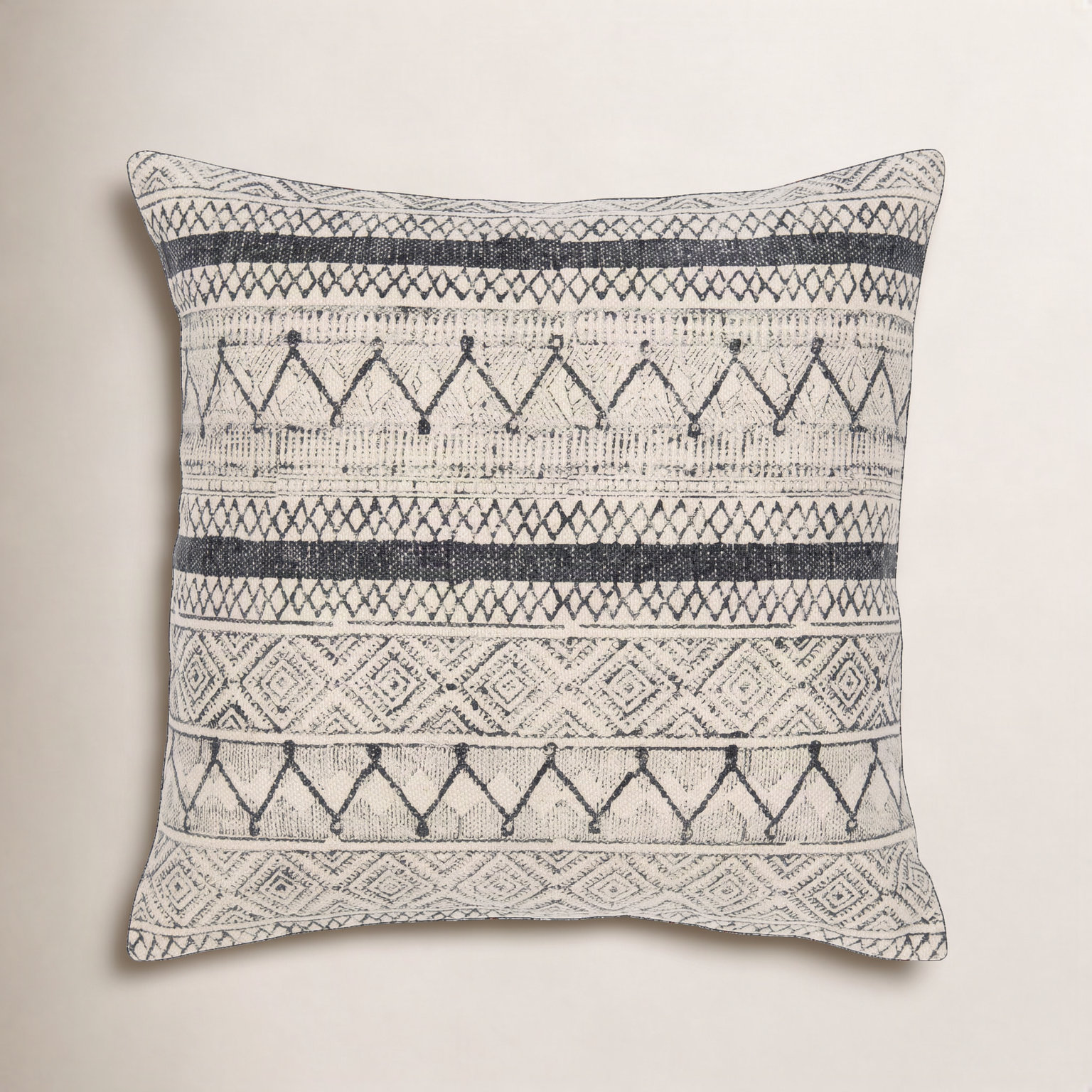 Zetta Geometric Cotton Throw Pillow, 18" x 18", Light Beige/Black, Down