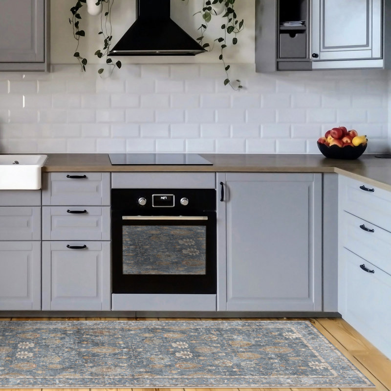 Avani Blue Easy to Clean Vinyl Rug, Blue, Rectangle 2' x 4'