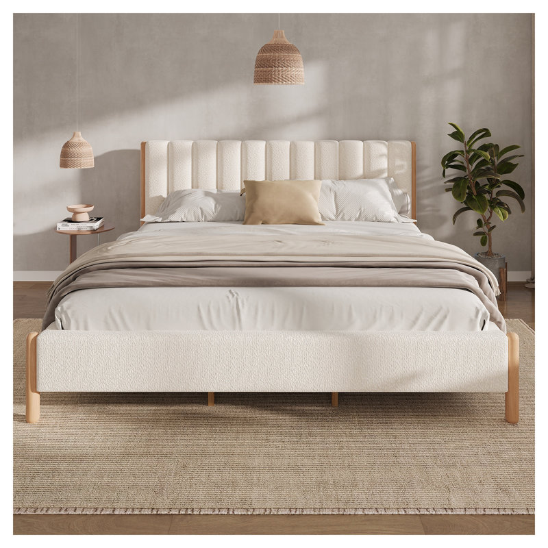 King Size Upholstered Bed Frame with Boucle Headboard, White Solid Wood Platform Bed