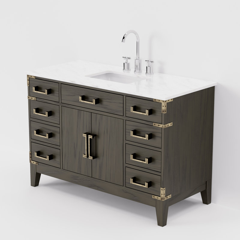 Laurel 48 in W x 22 in D Single Bath Vanity & Faucet Set, White Carrara Marble, Brown Oak