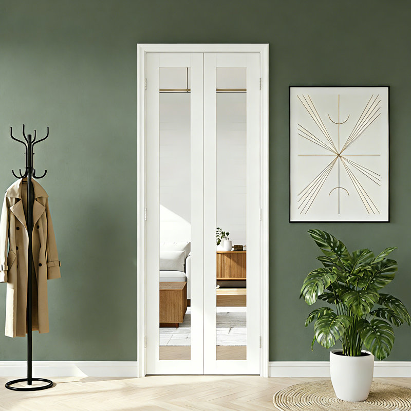 Porte pliante Compack 180: panneau de fibres à densité moyenne blanc miroir, revêtement en PVC, porte accordéon avec quincaillerie