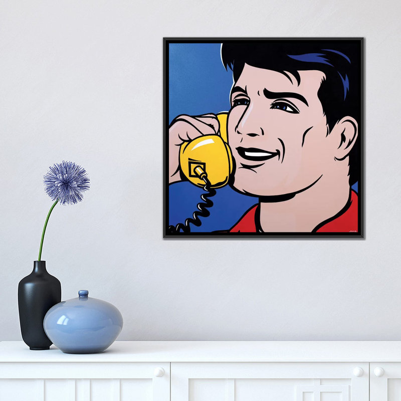 « man on phone », impression sur toile, H 18 po x l 18 po x P 1,5 po, Toile avec cadre noir, Pas de tapis