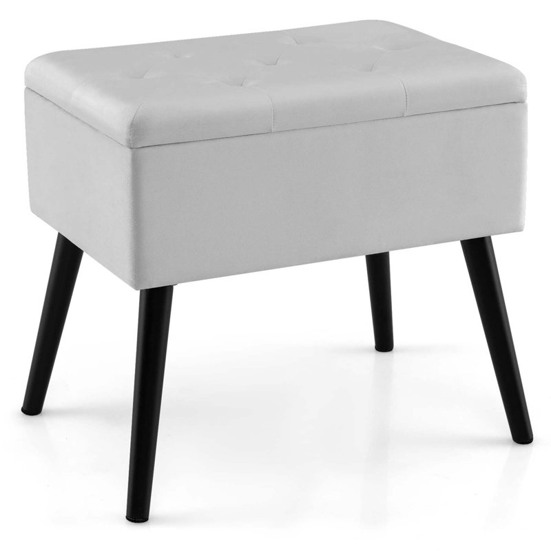 Repose-pieds en velours avec tabouret de coiffeuse avec rangement et pieds en bois massif, Gris