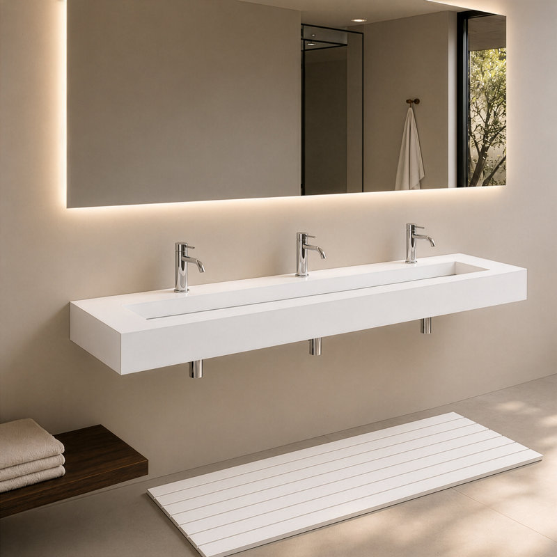 Lavabo de salle de bain mural rectangulaire à surface solide 84 po Pyramid, Blanc