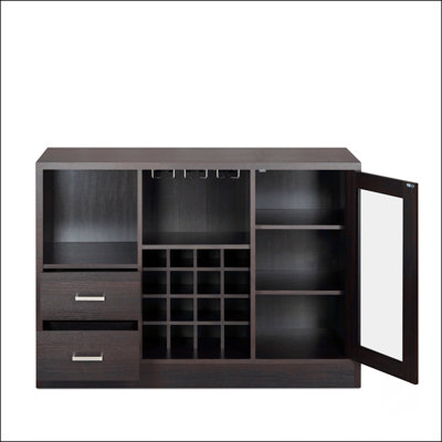 Armoire à vin Hazen au fini espresso avec porte en verre, tiroirs et porte-verres à pied pour un rangement élégant