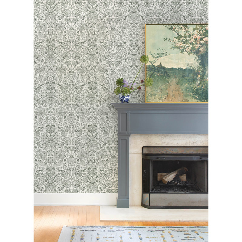 Blanche Dark Green Floral Damask Wallpaper, Green