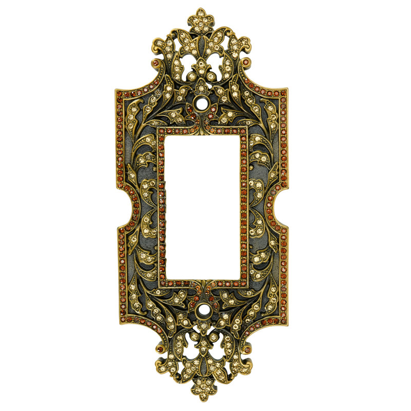 SINGLE GFI SWITCH COVER; LT. COLORADO & SMOKE TOPAZ DECORATED WITH SWAROVSKI CRYSTALS; IN MUSEUM GOLD, Museum Gold