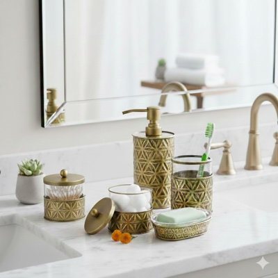  Ensemble d'accessoires de salle de bain en laiton, 5 pièces, décor de salle de bain - Distributeur de savon Distributeur de bain / lotion, porte-brosse à dents, 2 pots d'apothicaire en verre (porte-coton-tige), porte-savon