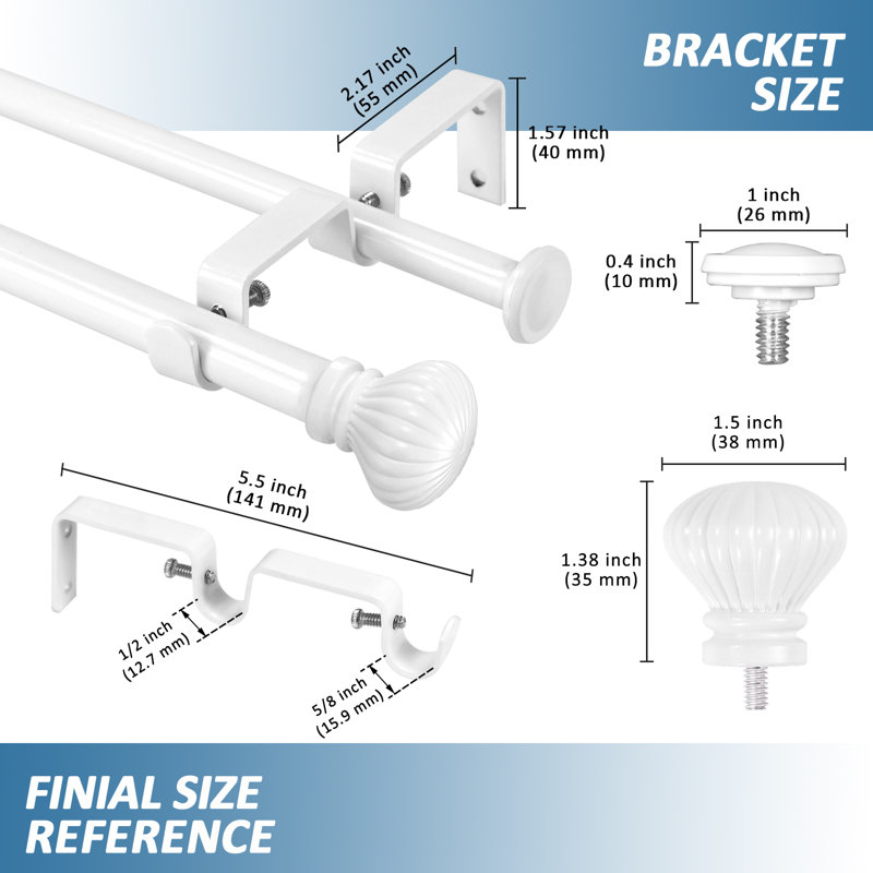 Tringle à rideaux double ajustable Sigmund, H 0,625 po x l 84 po x P 0,625 po, Blanc lustré