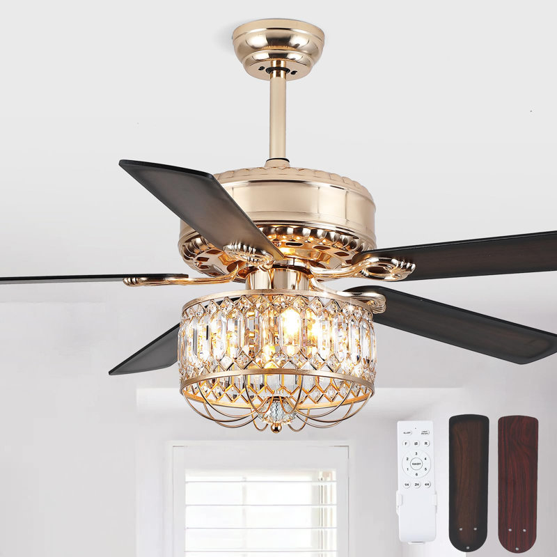 52" Indoor Crystal Ceiling Fan Fandelier With Lights And Remote Control, Gold