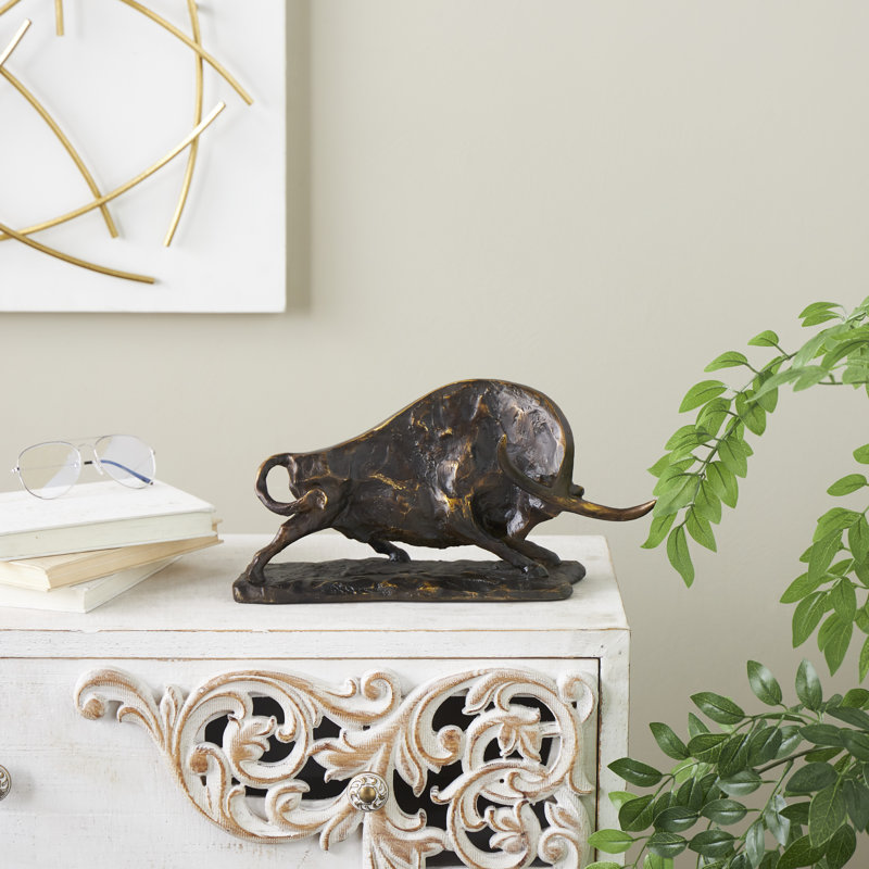 Antu Polystone Distressed Textured Bull Decorative Black Sculpture with Gold Accents