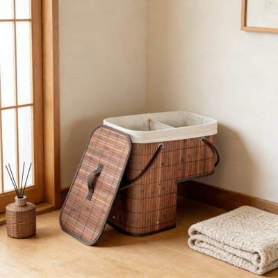 Panier d'escalier pliable avec couvercle et poignée - Organisateur de rangement en bambou pour escalier