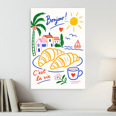 Ensoleillé français petit déjeuner coloré abstrait palmier contemporain art côtier