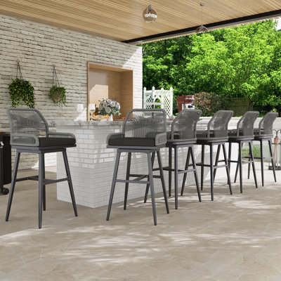 Bar Stools Set Of 2, Rattan Counter Height Bar Stools, Swivel Patio Barstools With Boho Woven Rope Back For Kitchen Patio Garden Cushions Included,