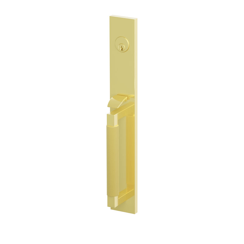 Ensemble de pinces à mortaiser Emtek SELECT, F20, pleine longueur, entraxe de 70 mm (2-3/4 po), tige extérieure en L, poignée moletée droite ; poignée intérieure Helios, chrome poli, pour droitier
