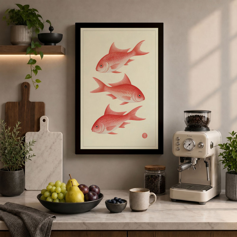 Three Goldfish Study Japandi - Wrapped Canvas, 18x12 - 45.7 x 30.5 cm, Ochre Border