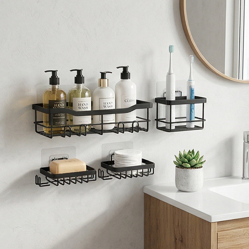 5-Piece Black Hanging Shower Caddy Set - Adhesive Storage with Shelves, Soap Holders & Hook