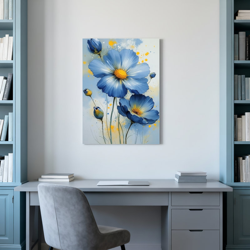 Ensemble de 1 tableau sur toile à l'aquarelle représentant des coquelicots bleus, H 18 po x l 12 po