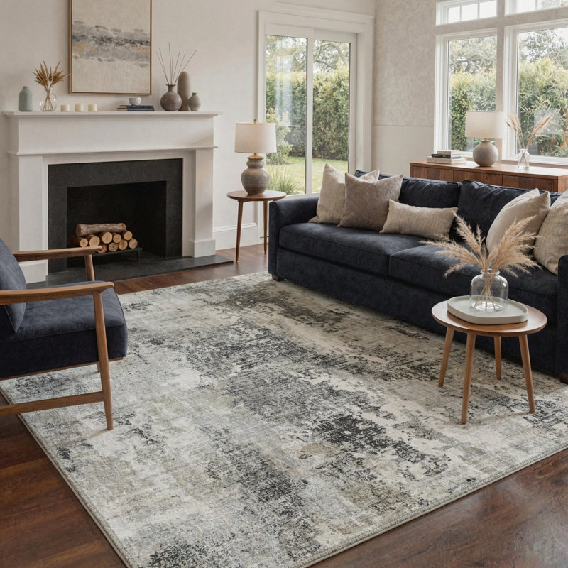 Mignone Abstract Texture Machine Washable Ash Gray Indoor Area Rug With Non-Slip Backing, Rectangle 5' x 7'