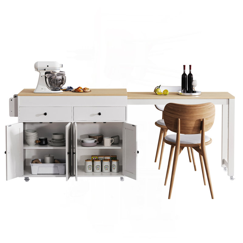 74.5 Inch Kitchen Island With Extendable Dining Table , Rolling Kitchen Island On Wheels With Spice Rack And 2 Drawers,  Kitchen Storage Cart With 4 Door Cabinet, For Kitchen, Dining Room