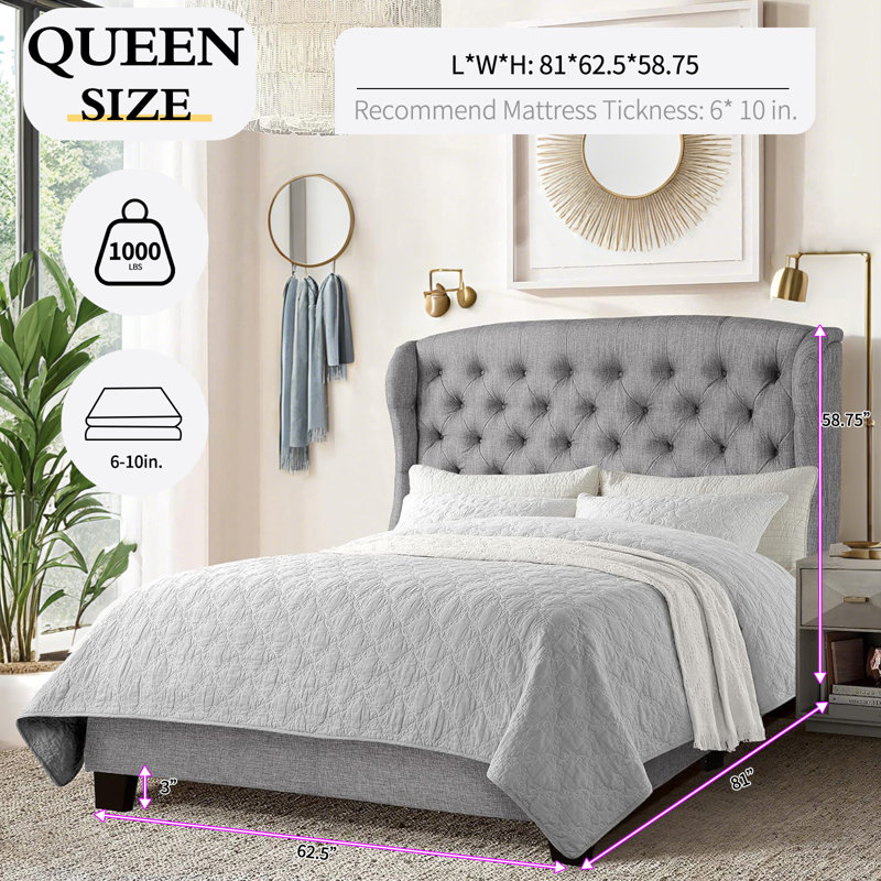 Virginia Upholstered Platform Bed Frame Bed with Button Tufted, Light Gray, Queen