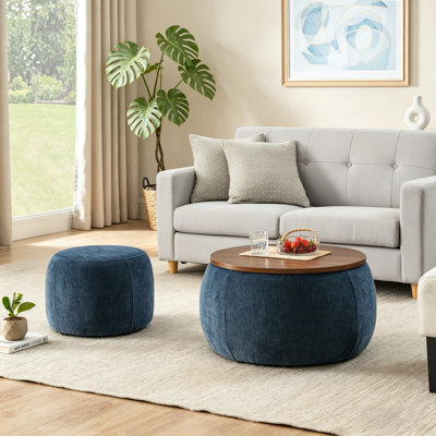YDT Round Storage Ottoman, 2 in 1 End Table and Ottoman with Small Seat,No Assembly Required , Dark Blue