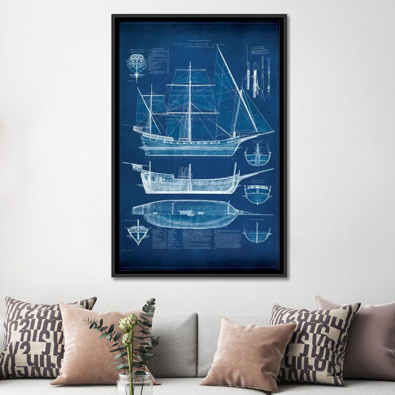 Breakwater Bay " Antique Ship Blueprint I ", 60" H x 40" W x 1.5" D, Black Framed Canvas