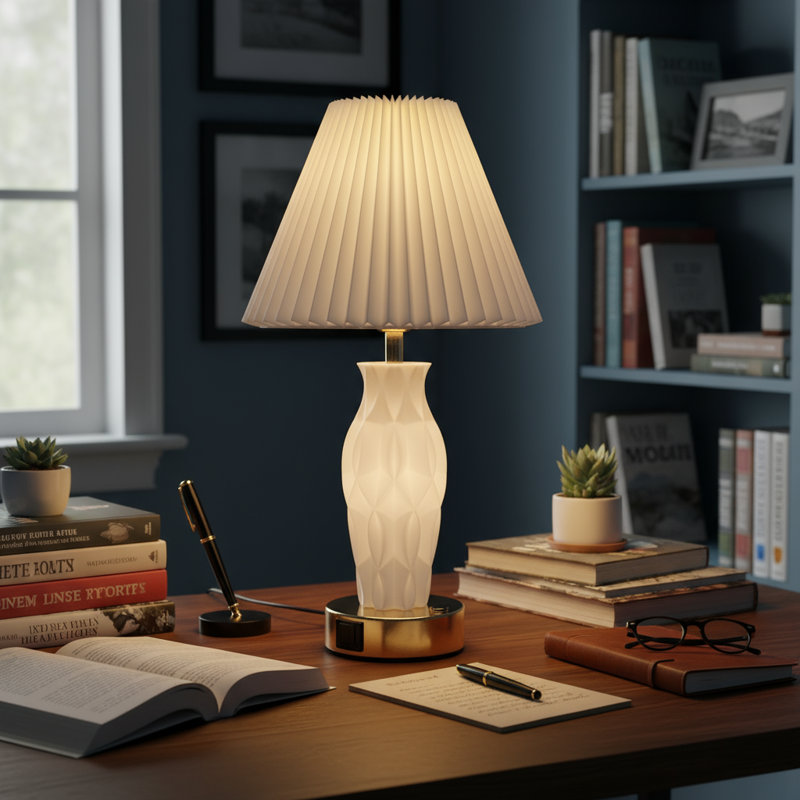 Lampe de table à DEL imprimée en 3D avec base lumineuse, lampe de bureau moderne à abat-jour en tissu plissé, lampe de chevet rechargeable USB pour chambre à coucher, salon, entrée