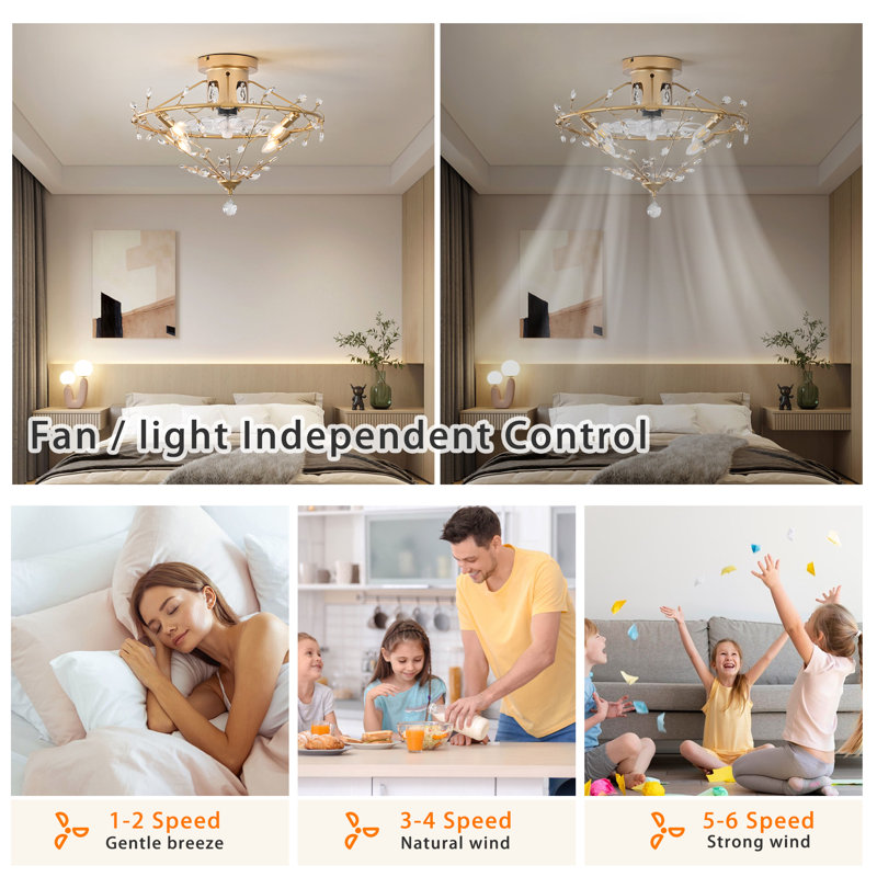 23.62'' Reversible Caged Crystal Ceiling Fan With Light Kit And Remote Control
