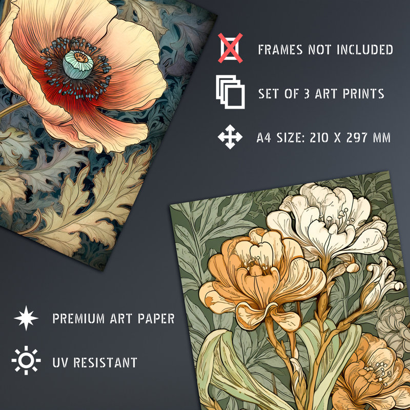 Elegant Single Anemone Chrysanthemum Freesia Flowers Floral - 3 Piece No Frame Print Set, 29.7cm H x 21cm W x 0.4cm D