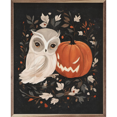 «Hibou blanc avec citrouille» sur bois
