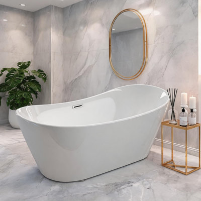 59 inch Gloss White Acrylic Freestanding Tub with Chrome Overflow and Pop-Up Drain