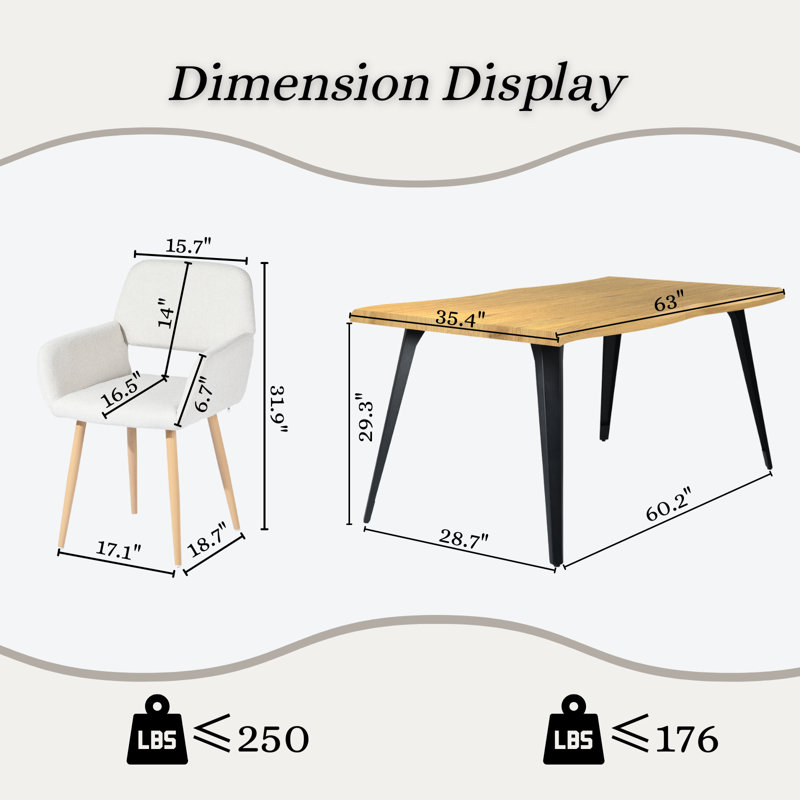 Hranush 5-Piece Dining Set - Rectangular Table and  Upholstered Armchairs with Metal Legs for Kitchen Dining Room, Natural