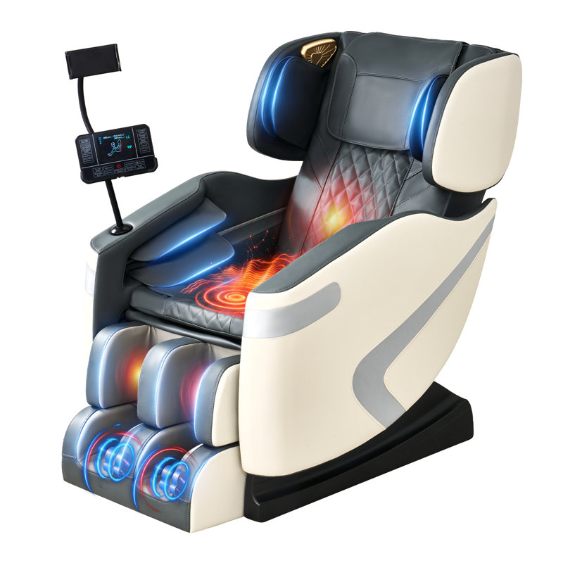 Leather Power Reclining Heated Massage Chair, White Grey