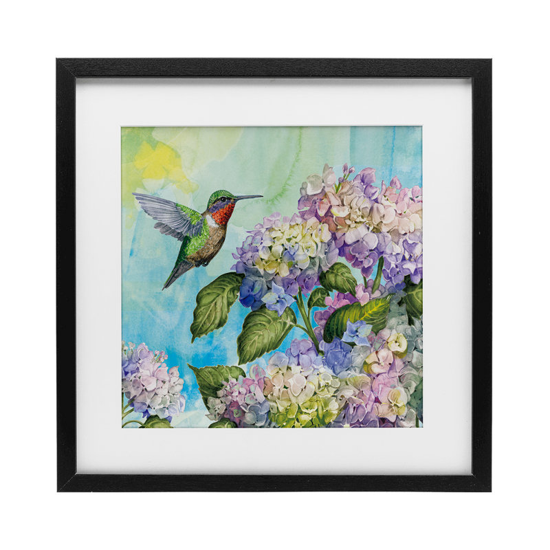 Colibri et hortensias, impression encadrée sous verre, design par Tim Coffey, H 13 po x l 13 po, Cadre noir minuit