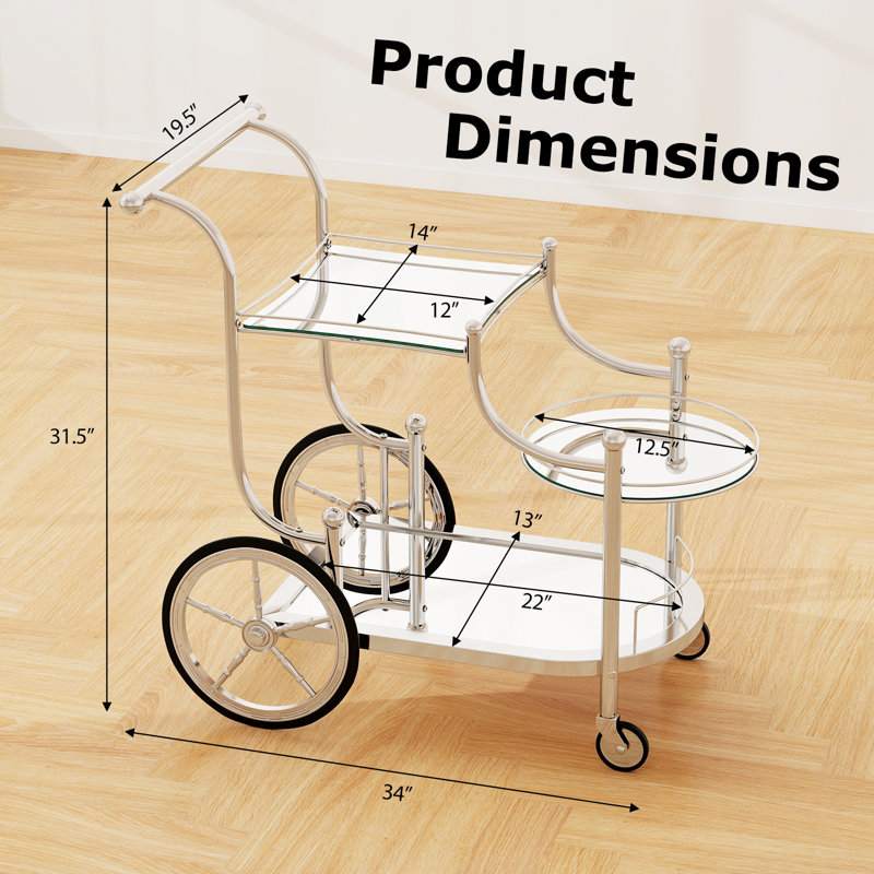 3-Tier Home Bar Serving Cart on Wheels w/ Mirrored Shelves for Kitchen, Silver