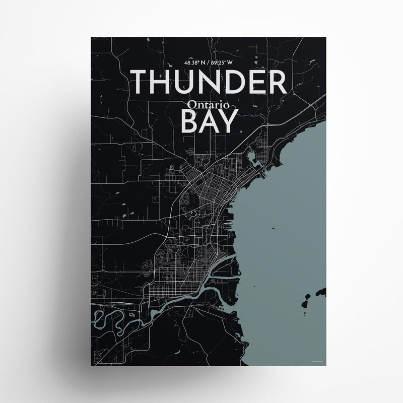 Thunder Bay City Map, impression, Gris/noir, H 27,6 po x l 19,7 po