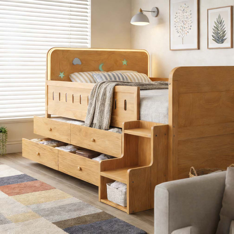 Lit double en bois avec lumière DEL, tiroirs de rangement, Bois