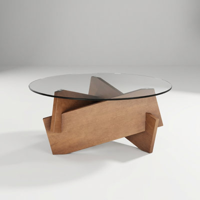 Modern Round Coffee Table with Tempered Glass Top and Solid Wood Veneer Base