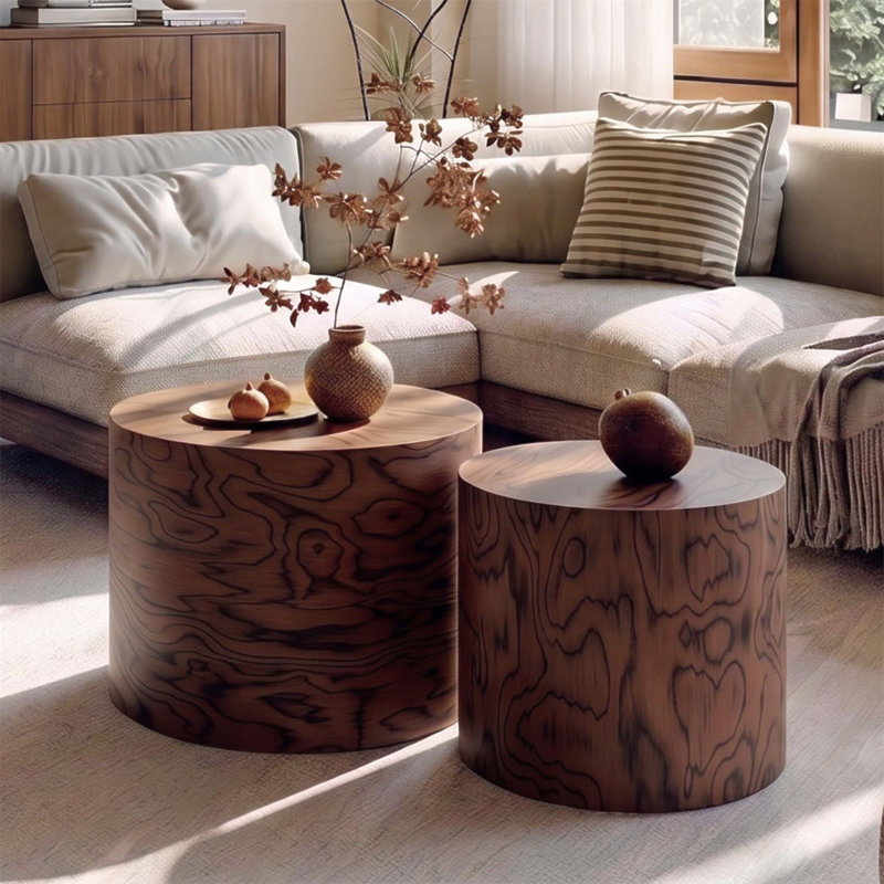 Ensemble de 2 tables basses gigognes rondes, table d'appoint en forme de souche d'arbre, sans assemblage, table d'appoint rustique à grain de tourbillon pour le salon, décor de maison de campagne moderne Wabi-Sabi