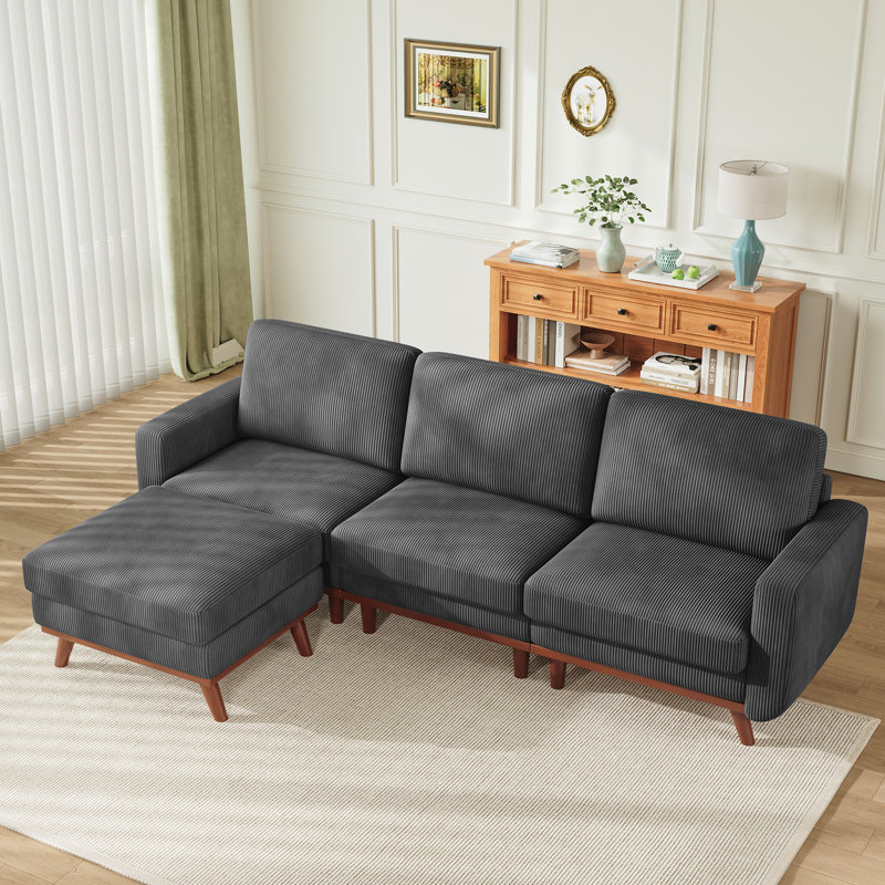 97" Modular Sectional Sofa, L-shaped Couch With Movable Ottoman, Comfy Corduroy Couch With Spring Cushion, Dark Gray Corduroy
