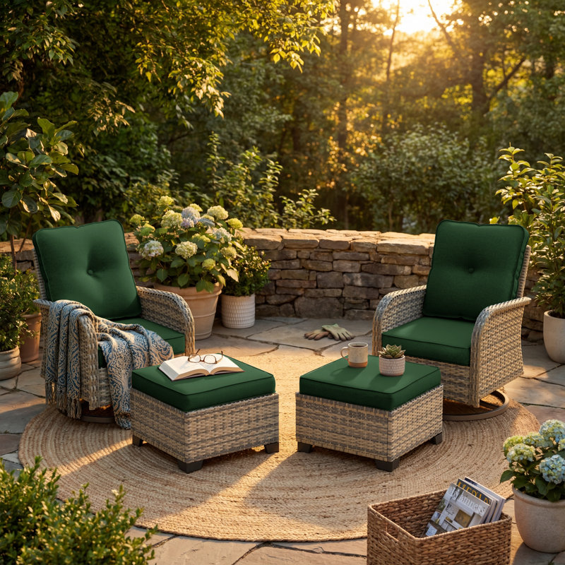 Ensemble de chaises berçantes pivotantes d'extérieur 4 pièces avec coussins et repose-pieds, Vert forêt